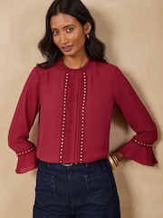Rød - Love & Roses Hjerte Hardware Detail Flute Sleeve Bluse - Billede 1 af 4