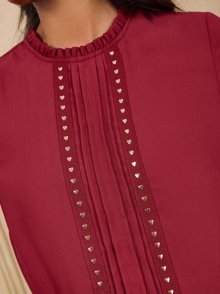 Rød - Love & Roses Hjerte Hardware Detail Flute Sleeve Bluse - Billede 2 af 4