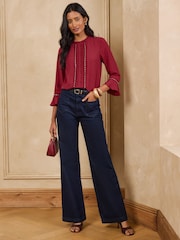 Rød - Love & Roses Hjerte Hardware Detail Flute Sleeve Bluse - Billede 3 af 4