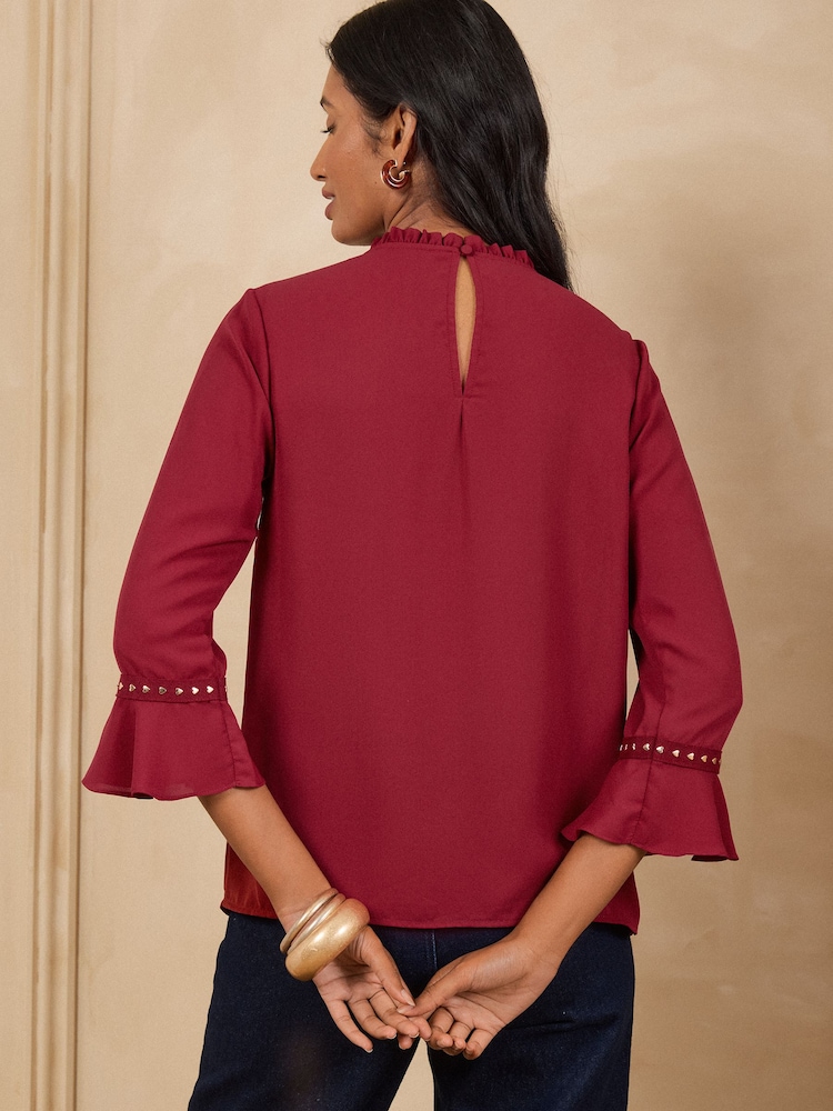 Rød - Love & Roses Hjerte Hardware Detail Flute Sleeve Bluse - Billede 4 af 4