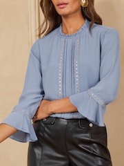 Stålblå - Love & Roses Hjerte Hardware Detail Flute Sleeve Bluse - Billede 2 af 4