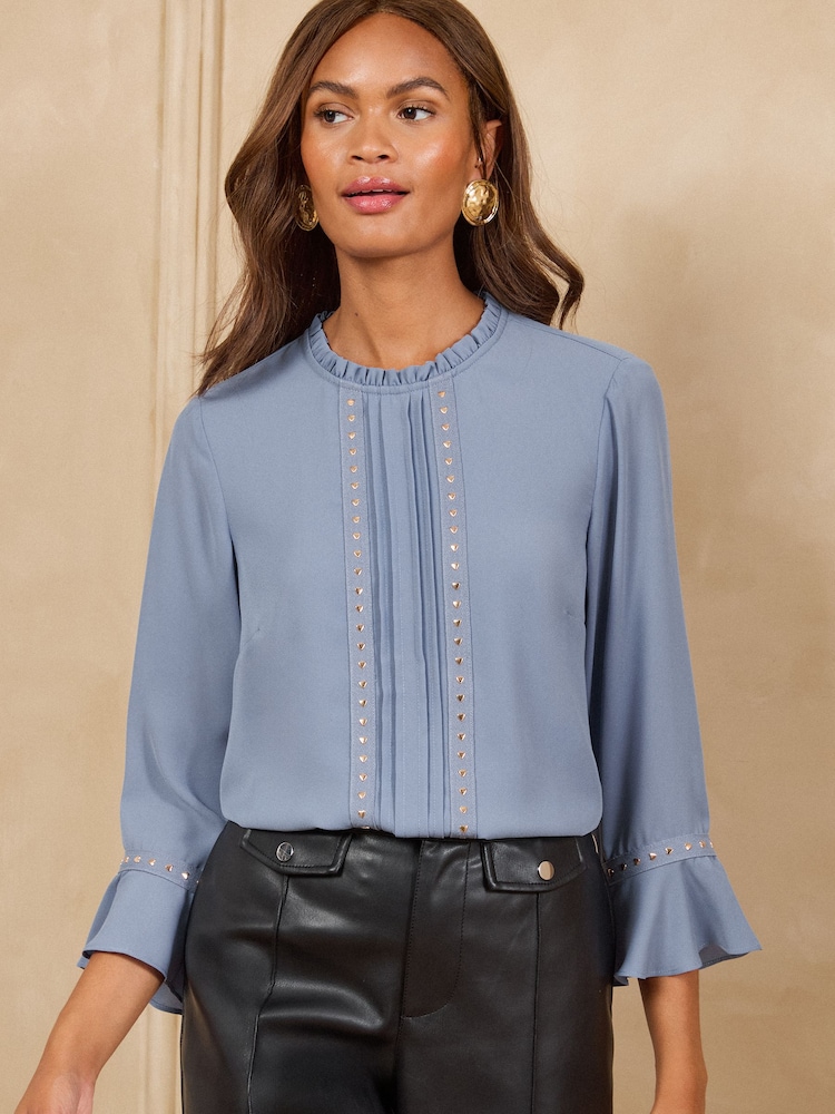 Stålblå - Love & Roses Hjerte Hardware Detail Flute Sleeve Bluse - Billede 4 af 4
