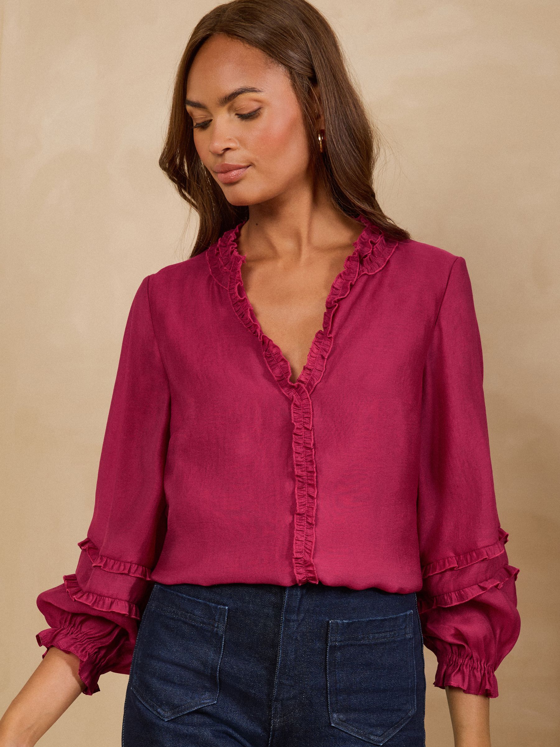 Buy Love & Roses Raspberry Pink Frill Detail Notch Neck 3/4 Sleeve