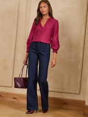 Love & Roses Raspberry Pink Frill Detail Notch Neck 3/4 Sleeve Blouse - Image 3 of 4