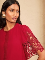 Love & Roses Red Petite Crew Neck Lace Short Sleeve Blouse - Image 2 of 5