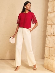 Love & Roses Red Petite Crew Neck Lace Short Sleeve Blouse - Image 3 of 5