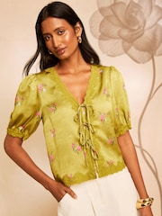 Love & Roses x RHS Lime Green Petite Floral Printed Satin Jacquard Tie Front Blouse - Image 1 of 5