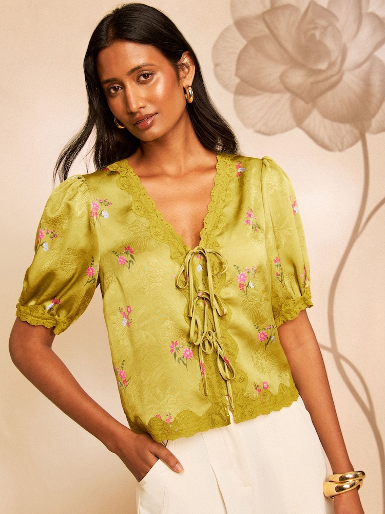 Love & Roses x RHS Lime Green Petite Floral Printed Satin Jacquard Tie Front Blouse - Image 1 of 5