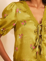 Love & Roses x RHS Lime Green Petite Floral Printed Satin Jacquard Tie Front Blouse - Image 2 of 5