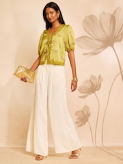 Love & Roses x RHS Lime Green Petite Floral Printed Satin Jacquard Tie Front Blouse - Image 3 of 5