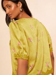 Love & Roses x RHS Lime Green Petite Floral Printed Satin Jacquard Tie Front Blouse - Image 4 of 5