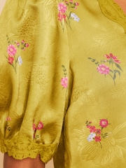 Love & Roses x RHS Lime Green Petite Floral Printed Satin Jacquard Tie Front Blouse - Image 5 of 5