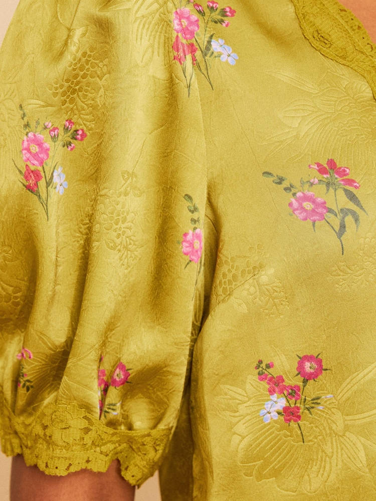 Love & Roses x RHS Lime Green Petite Floral Printed Satin Jacquard Tie Front Blouse - Image 5 of 5