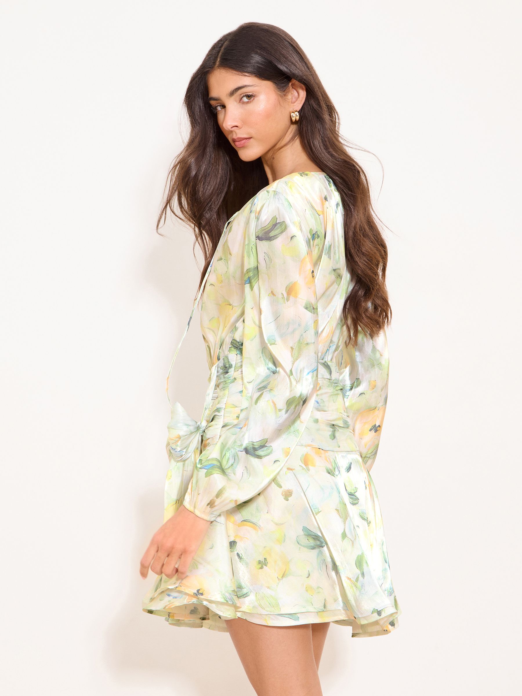 Buy Lipsy Green Long Sleeve Frill Paintly Floral Mini Dress from