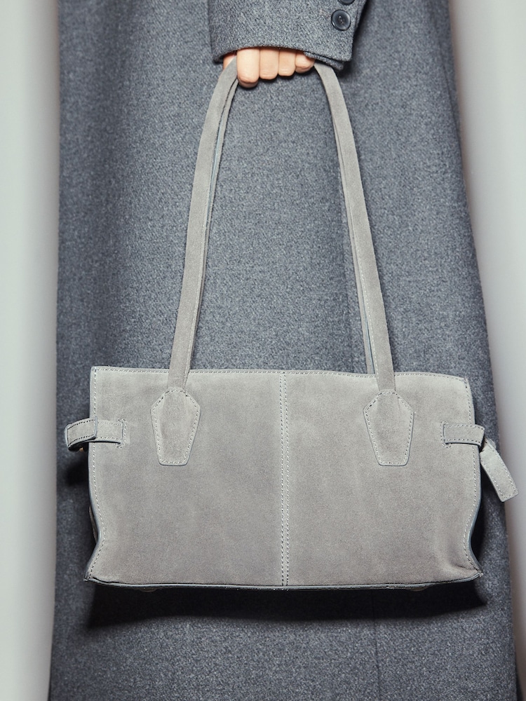 Grey Suede Structured Shoulder Bag - Image 2 of 10 Grey Suede Structured Shoulder Bag - Image 2 of 10