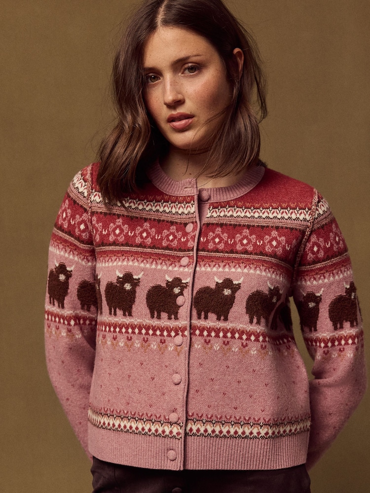 Purple/Pink Fairisle Hamish The Highland Cow Supersoft Crew Neck Long Sleeve Cardigan - Image 1 of 7 Purple/Pink Fairisle Hamish The Highland Cow Supersoft Crew Neck Long Sleeve Cardigan - Image 1 of 7
