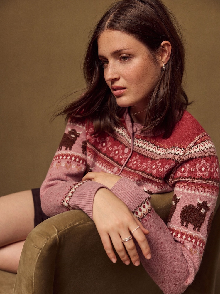 Purple/Pink Fairisle Hamish The Highland Cow Supersoft Crew Neck Long Sleeve Cardigan - Image 2 of 7 Purple/Pink Fairisle Hamish The Highland Cow Supersoft Crew Neck Long Sleeve Cardigan - Image 2 of 7