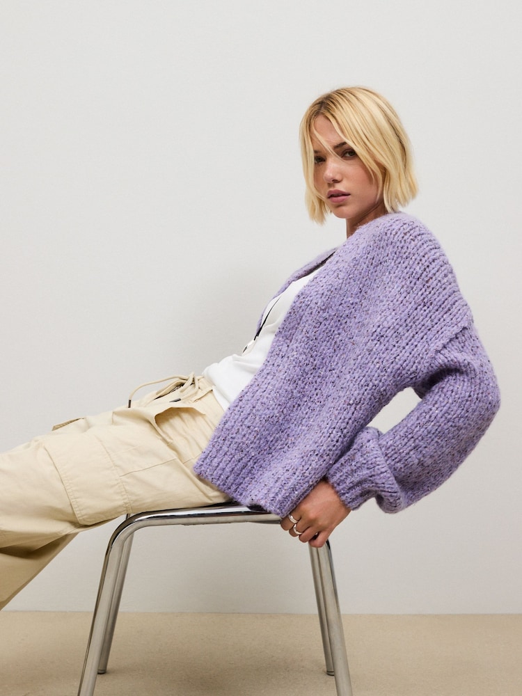 Purple Neppy Soft Touch Chunky Knit Open Cardigan - Image 1 of 8 Purple Neppy Soft Touch Chunky Knit Open Cardigan - Image 1 of 8