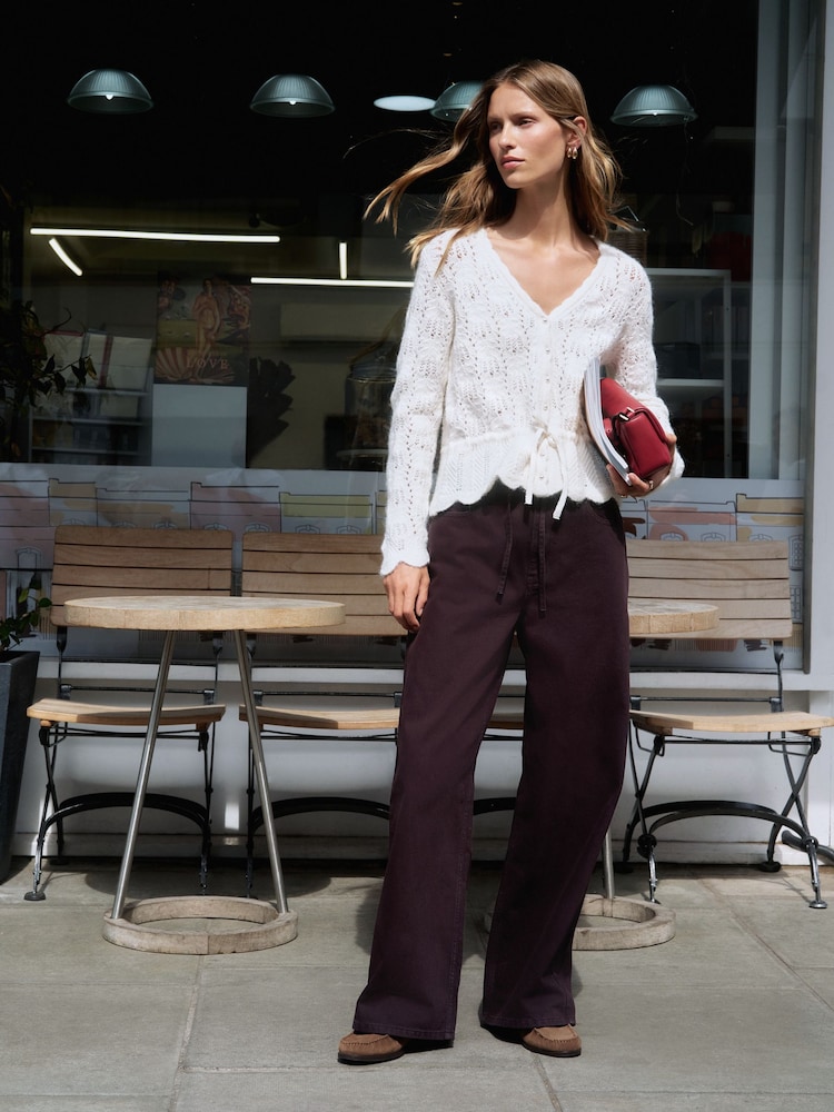 Ecru Pointelle Knit Tie Waist Cardigan - Image 2 of 9 Ecru Pointelle Knit Tie Waist Cardigan - Image 2 of 9
