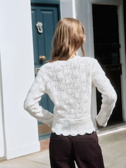 Ecru Pointelle Knit Tie Waist Cardigan - Image 3 of 9