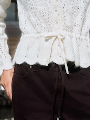 Ecru Pointelle Knit Tie Waist Cardigan - Image 5 of 9