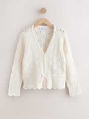 Ecru Pointelle Knit Tie Waist Cardigan - Image 6 of 9