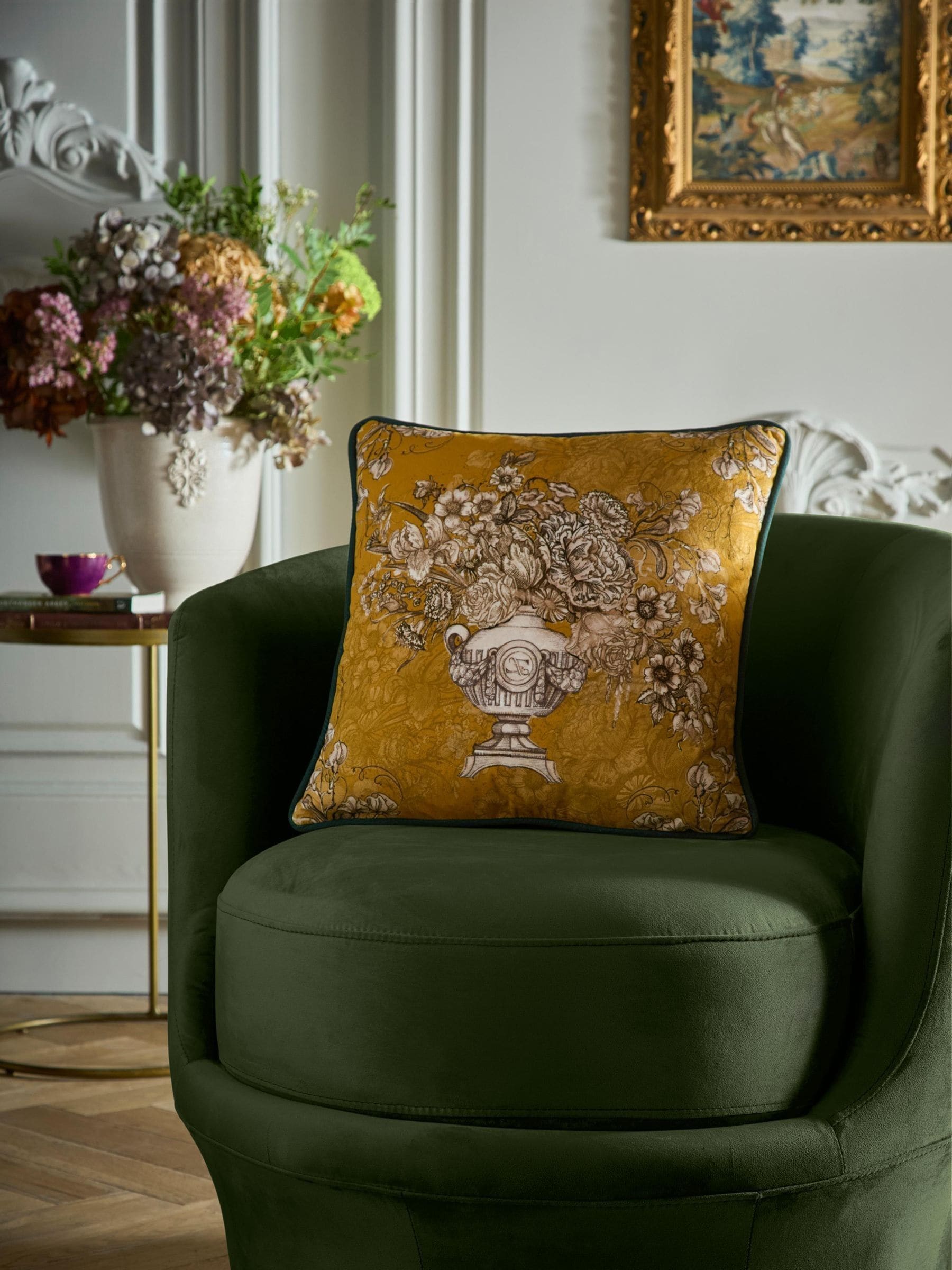 Laurence Llewelyn-Bowen Unisex Mustard 'Tuscan Holiday' Velvet Filled Cushion In | Size: 43Cm X 43Cm - Image 5