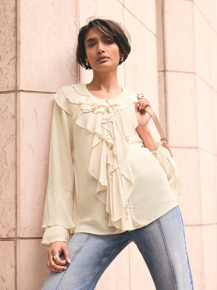 Mint Velvet Yellow Chiffon Ruffle Detail Blouse - Image 1 of 8