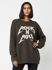 Religion Soft Brown Oversized with Rock N Roll Slogan Jumper - Image 1 of 6