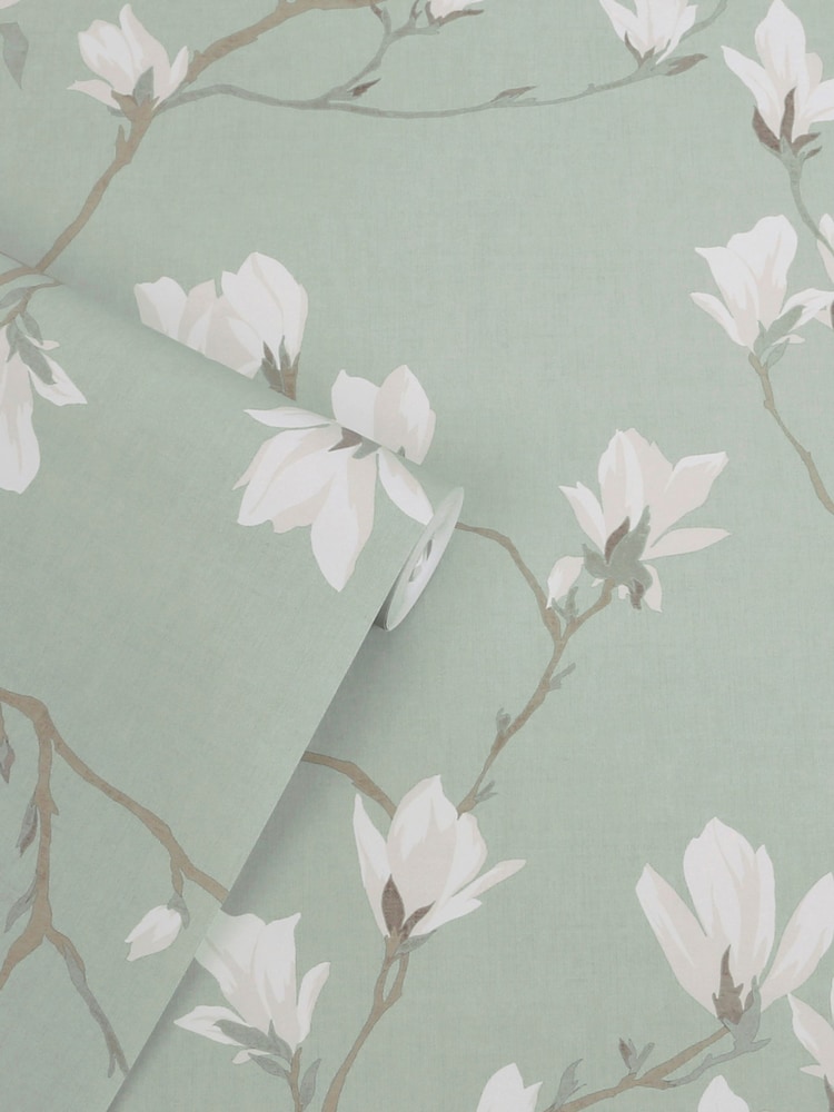 Laura Ashley Pale Eau de Nil Magnolia Grove 10M Wallpaper - Image 1 of 4