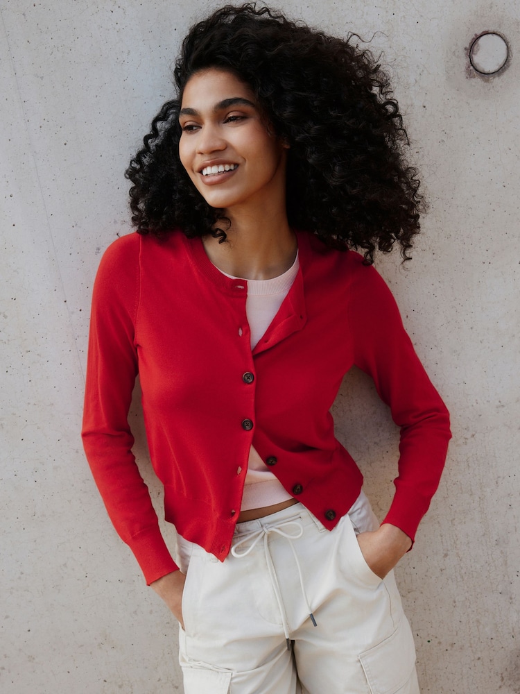Red/Pink Soft Touch Cotton Rich Open Layer Cardigan - Image 2 of 6 Red/Pink Soft Touch Cotton Rich Open Layer Cardigan - Image 2 of 6