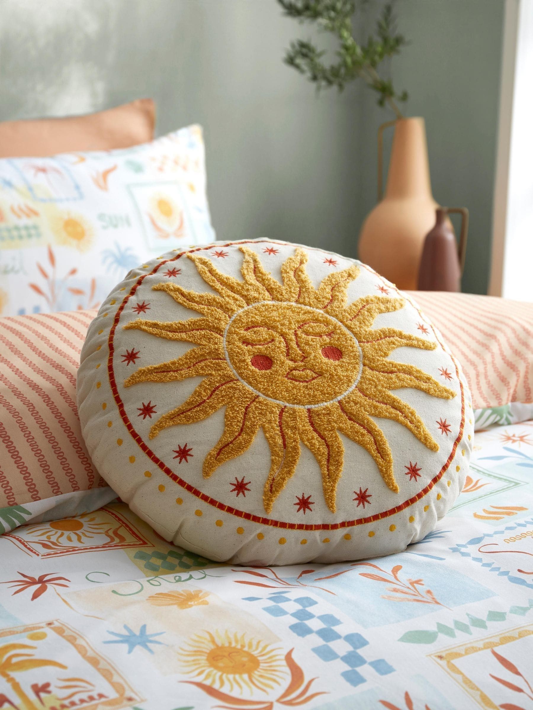 Fusion Unisex Yellow Soleil Embroidered Round Cushion - Image 1