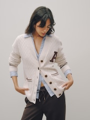 Neutral Cotton Rich Mid Length V-Neck Stitchy Cardigan - Image 1 of 5