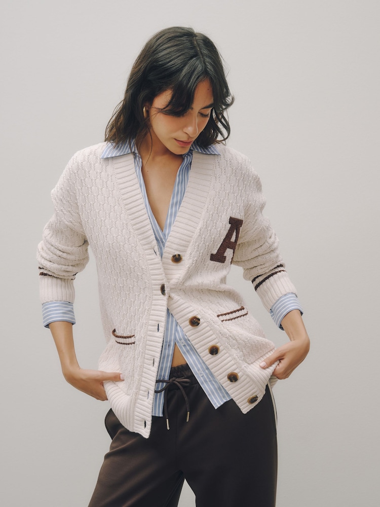 Neutral Cotton Rich Mid Length V-Neck Stitchy Cardigan - Image 1 of 5