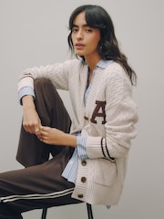Neutral Cotton Rich Mid Length V-Neck Stitchy Cardigan - Image 3 of 5