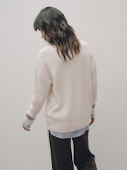 Neutral Cotton Rich Mid Length V-Neck Stitchy Cardigan - Image 4 of 5