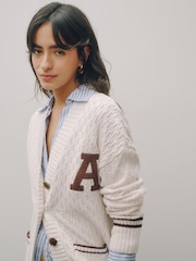 Neutral Cotton Rich Mid Length V-Neck Stitchy Cardigan - Image 5 of 5