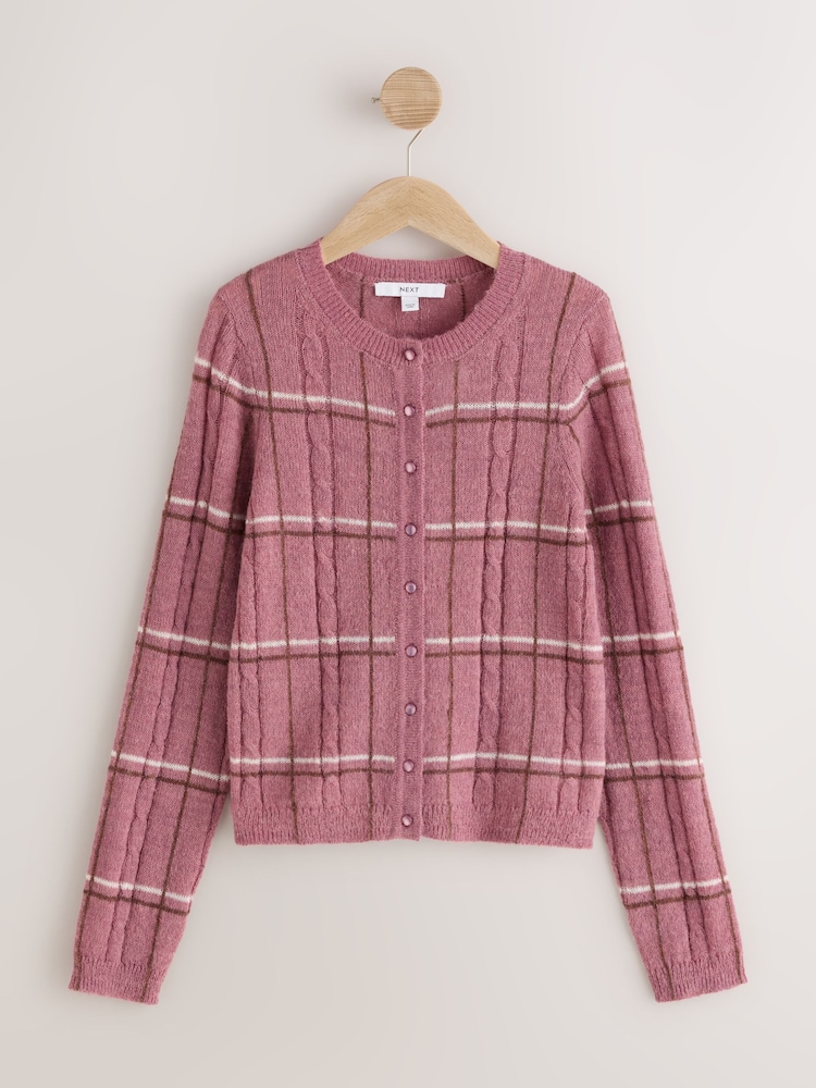 Mauve Pink Check - Sheer Knit Long Sleeve Co-Ord Cardigan - Image 1 of 3