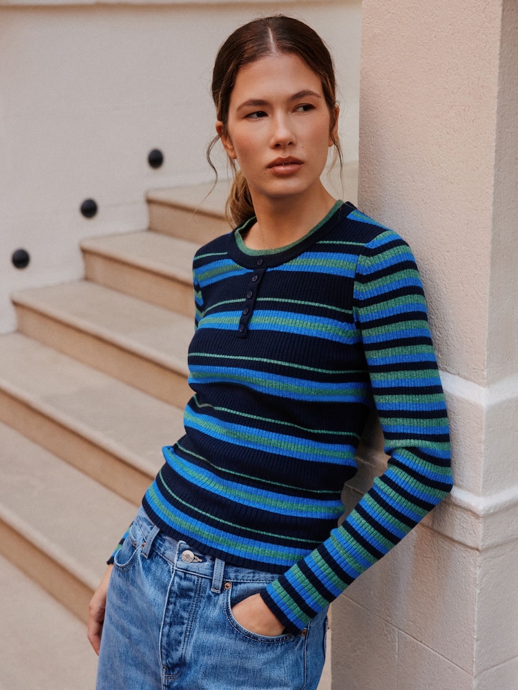 Blue/Green Stripe Supersoft Long Sleeve Henley Layer Top - Image 1 of 5 Blue/Green Stripe Supersoft Long Sleeve Henley Layer Top - Image 1 of 5