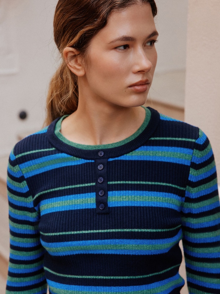 Blue/Green Stripe Supersoft Long Sleeve Henley Layer Top - Image 5 of 5 Blue/Green Stripe Supersoft Long Sleeve Henley Layer Top - Image 5 of 5