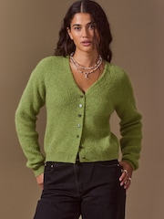 Lime Green Long Sleeve V-Neck Rib Cardigan With Wool - Image 1 of 8