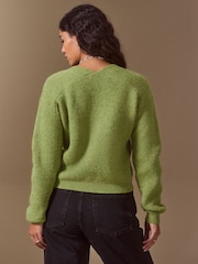 Lime Green Long Sleeve V-Neck Rib Cardigan With Wool - Image 4 of 8