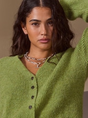 Lime Green Long Sleeve V-Neck Rib Cardigan With Wool - Image 5 of 8