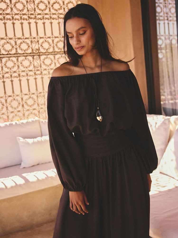 AIYLA Chocolate Brown Off Shoulder Bardot Top - Image 1 of 9