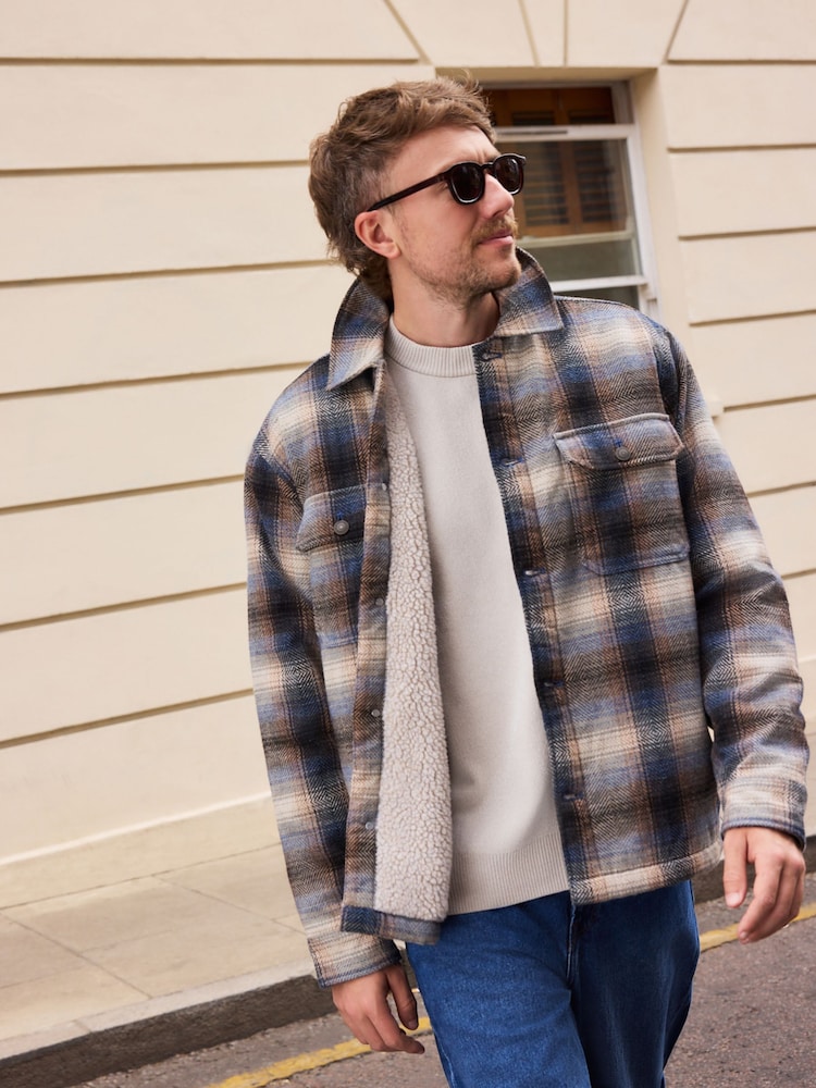 Ecru/Navy Check Borg Lined Shacket - Image 1 of 11 Ecru/Navy Check Borg Lined Shacket - Image 1 of 11