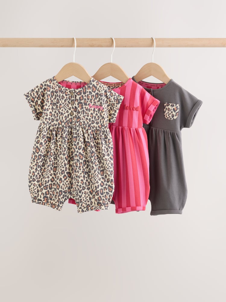 Pink and Leopard Printed Button T-Shirt Jersey Baby Rompers 3 Pack - Image 1 of 14