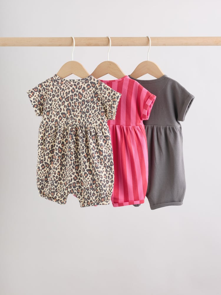 Pink and Leopard Printed Button T-Shirt Jersey Baby Rompers 3 Pack - Image 2 of 14
