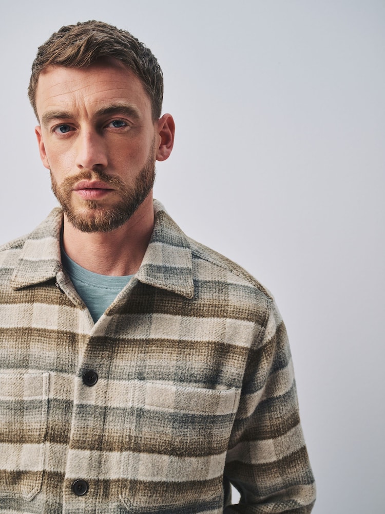 Ecru Check Wool Blend Shacket - Image 1 of 5