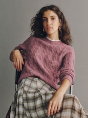 Rose foncé - Pull en tricot torsadé avec col en dentelle - Image 1 de 7
