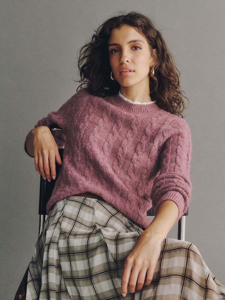 Rose foncé - Pull en tricot torsadé avec col en dentelle - Image 1 de 7